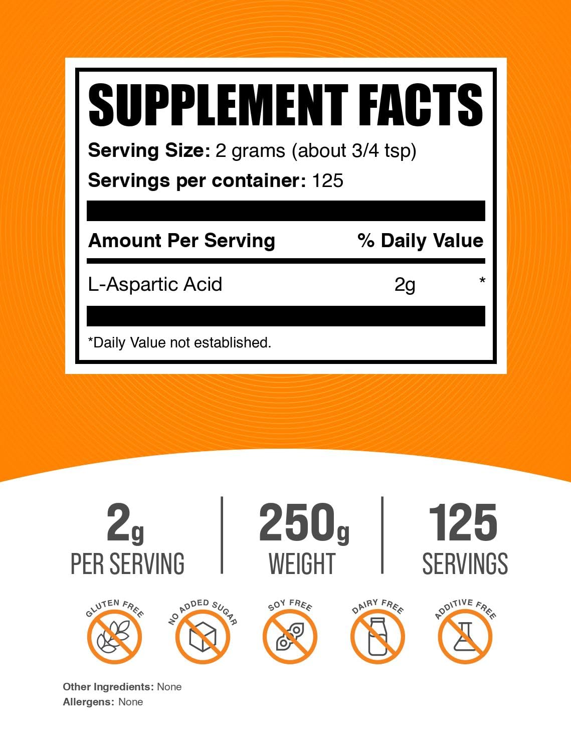 BulkSupplements.com L-Aspartic Acid Powder - Aspartic Acid Supplement, Amino Acids Supplement for Energy Support - Gluten Free, 2000mg per Serving, 250g (8.8 oz) (Pack of 1)