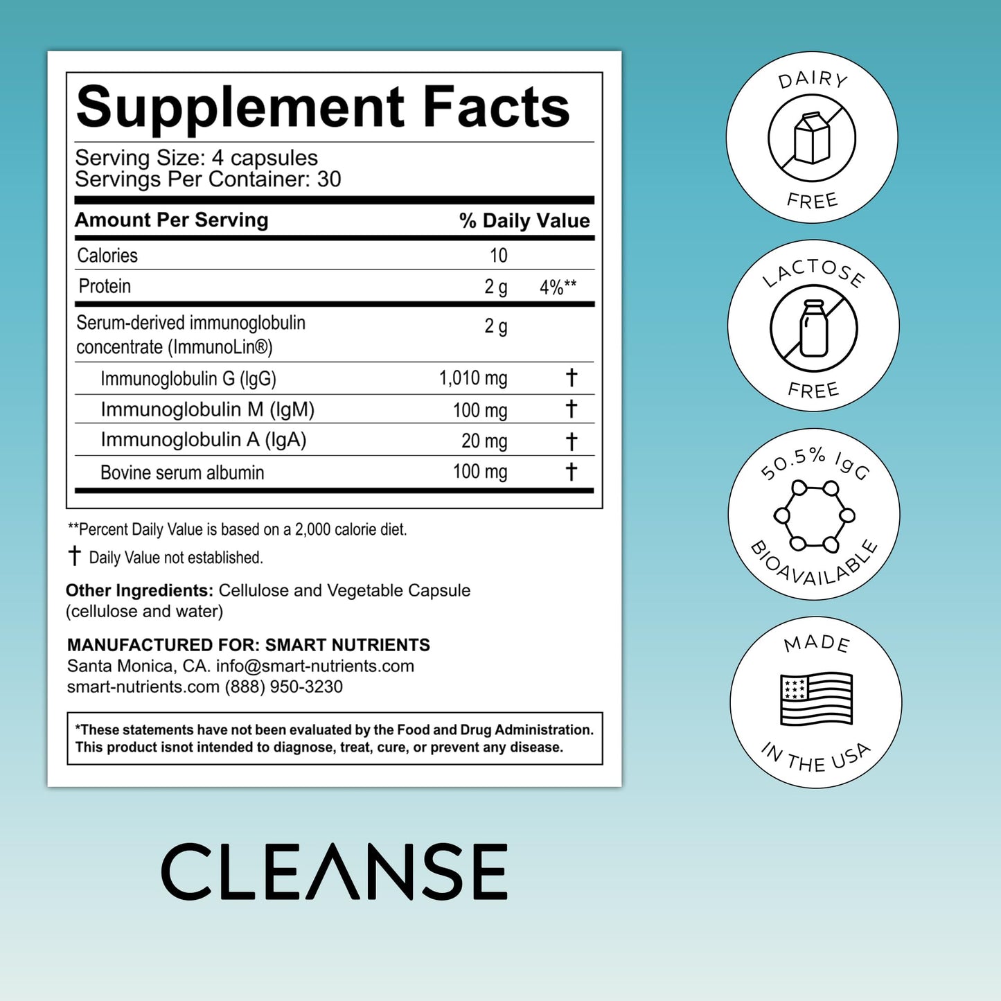 CLEANSE | IgG Dairy-Free Colostrum | 50.5% IgG Potent Concentrated Immune Support | Daily Gut Health Detox, Energy, Prebiotics, Digestive Support | 120 Capsules | 30 Day Supply, 1-Pack