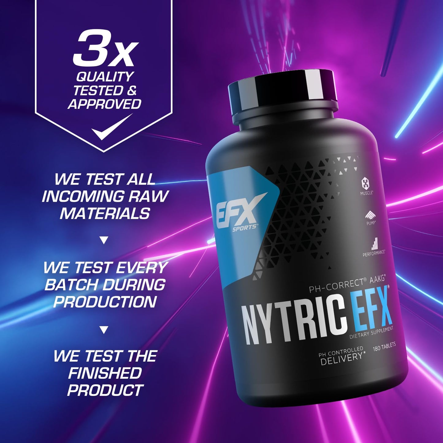 EFX Sports Nytric EFX | pH Correct AAKG Arginine & Citrulline Pre Workout Pills | Longer Lasting Muscle Pumps | 60 servings, 180 Quick-Release Tablets
