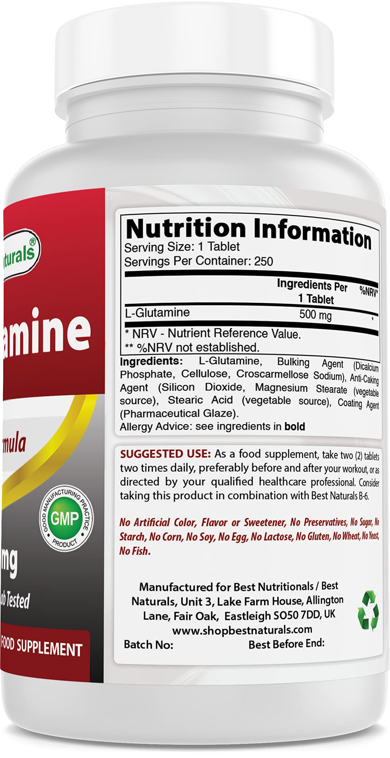 Best Naturals L-Glutamine 500 mg 250 Tablets
