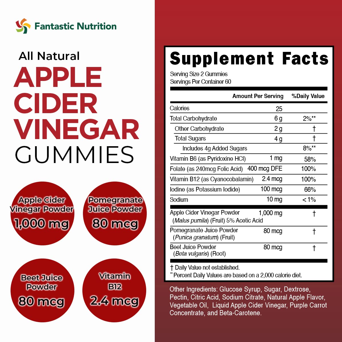 Fantastic Nutrition Apple Cider Vinegar Gummies - Immune Support Supplements - Immunity Vitamins - Apple Cider Gummies with The Mother - B Vitamins - Antioxidants Gluten Free - Vegan
