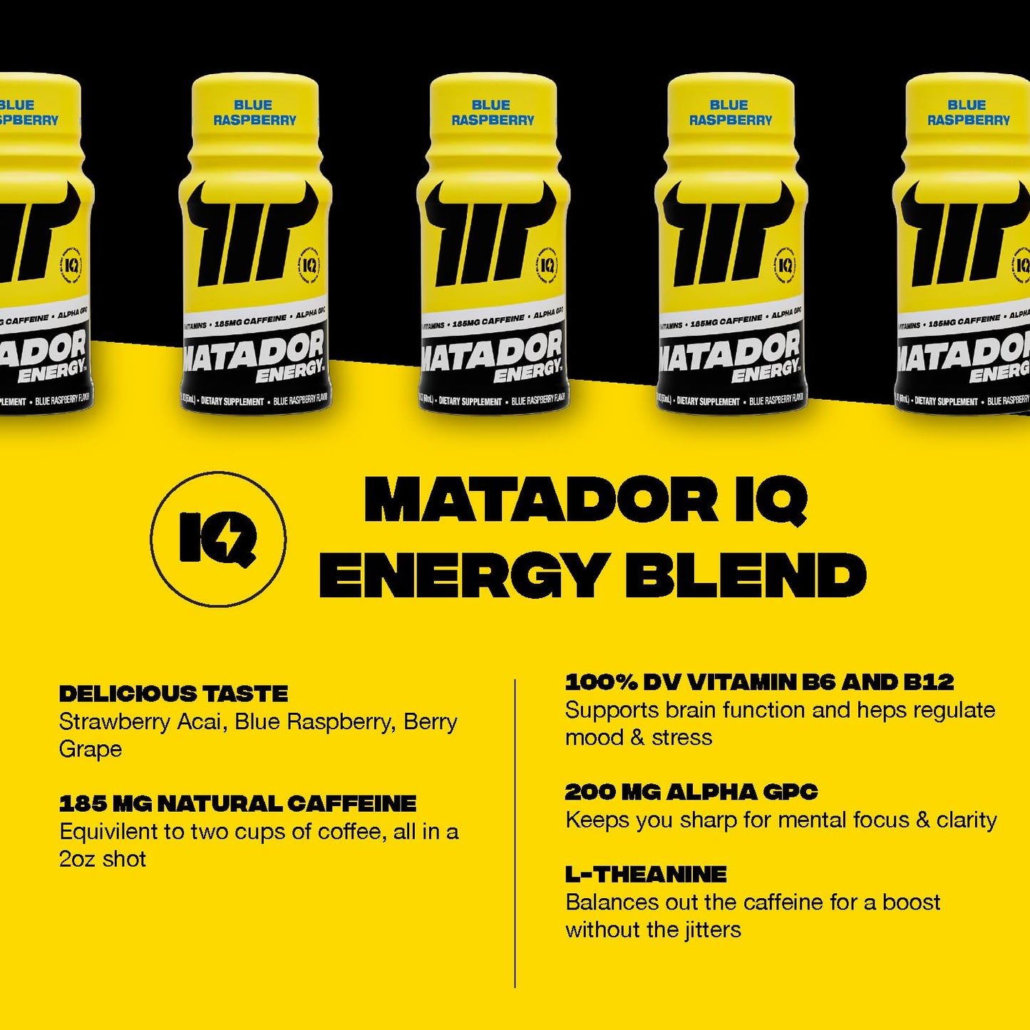 MATADOR Energy Shots Extra Strength Mini Energy Drinks w/B Complex Vitamins (Vitamin B12-B9-B6-B3), Alpha GPC Nootropic Focus, Coffee Bean Extract Caffeine Shots, 24 Shot Count Blue Raspberry