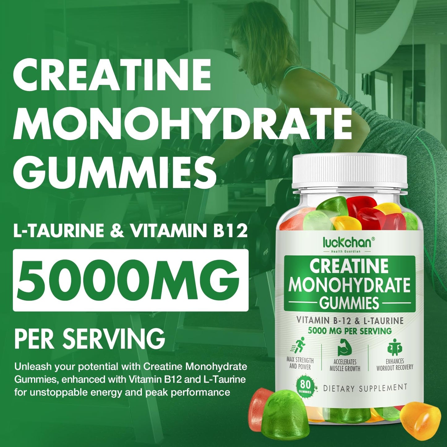 LUCKCHAN Creatine Monohydrate Gummies 5000mg for Men & Women (2 Pack) - Chewables Creatine Monohydrate for Muscle Strength, Muscle Builder, Energy Boost, 160 Count Pre-Workout Supplement