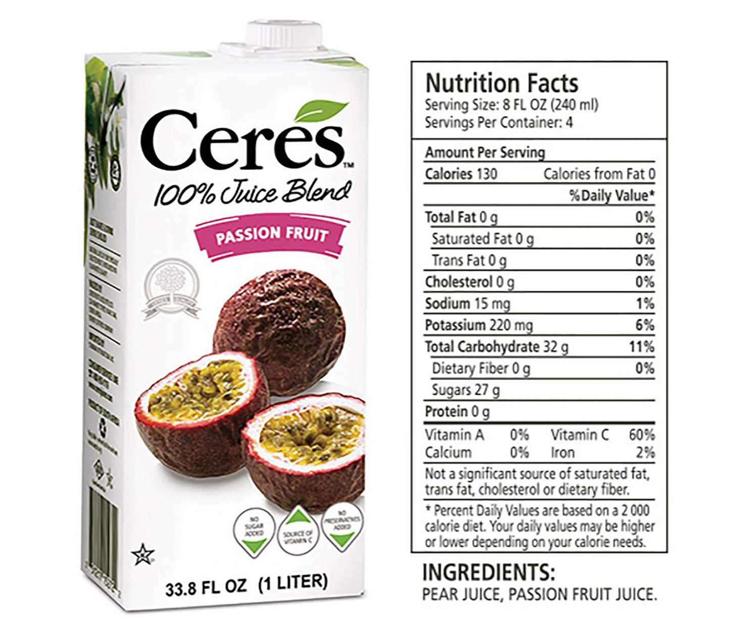 Ceres 100 All Natural Pure Fruit Juice Blend Passion Fruit  Gluten Free Rich in Vitamin C No Added Sugar or Preservatives Cholesterol Free  338 FL OZ 1