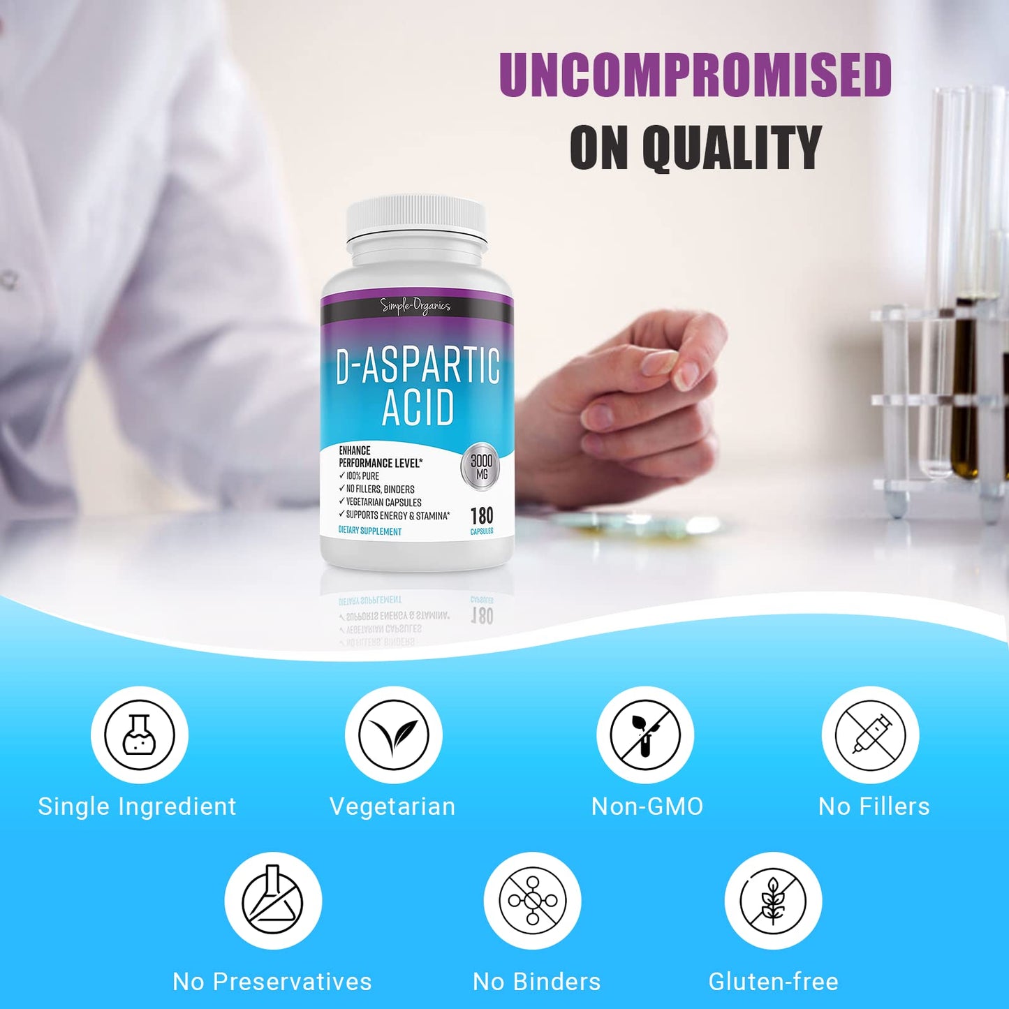 Simple-Organics D-Aspartic Acid Supplement, No Gluten, Binders or Fillers, Dietary Pills for Energy Support, 3000mg D-Aspartic Acid per Serving, 180 Non-GMO Vegan Capsules