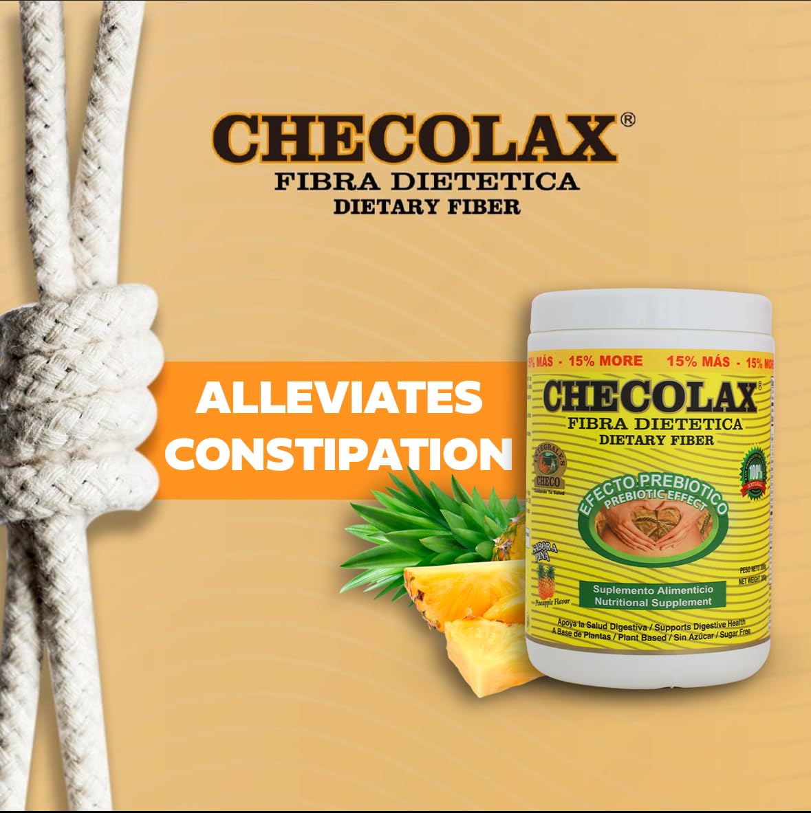 CHECOLAX: Our Dietary Fiber Alleviates Constipation Naturally, Supports Regularity, Bloating Relief & Gut Health, Sugar Free, Non-GMO, Plant-Based - Essential Fiber Boost, Pineapple (10.5 oz)