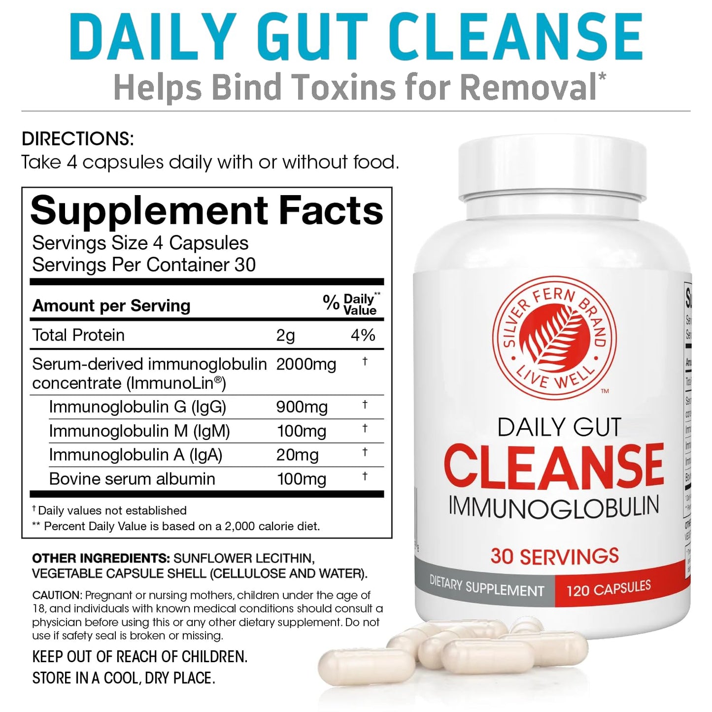 Silver Fern Gut Rehab Kit - 30 Day Supply - Cleanse Daily (1 Bottle = 120 Capsules) & Ultimate Probiotic (1 Bottle = 60 Capsules) - Immunoglobulins & Spore Forming Probiotics