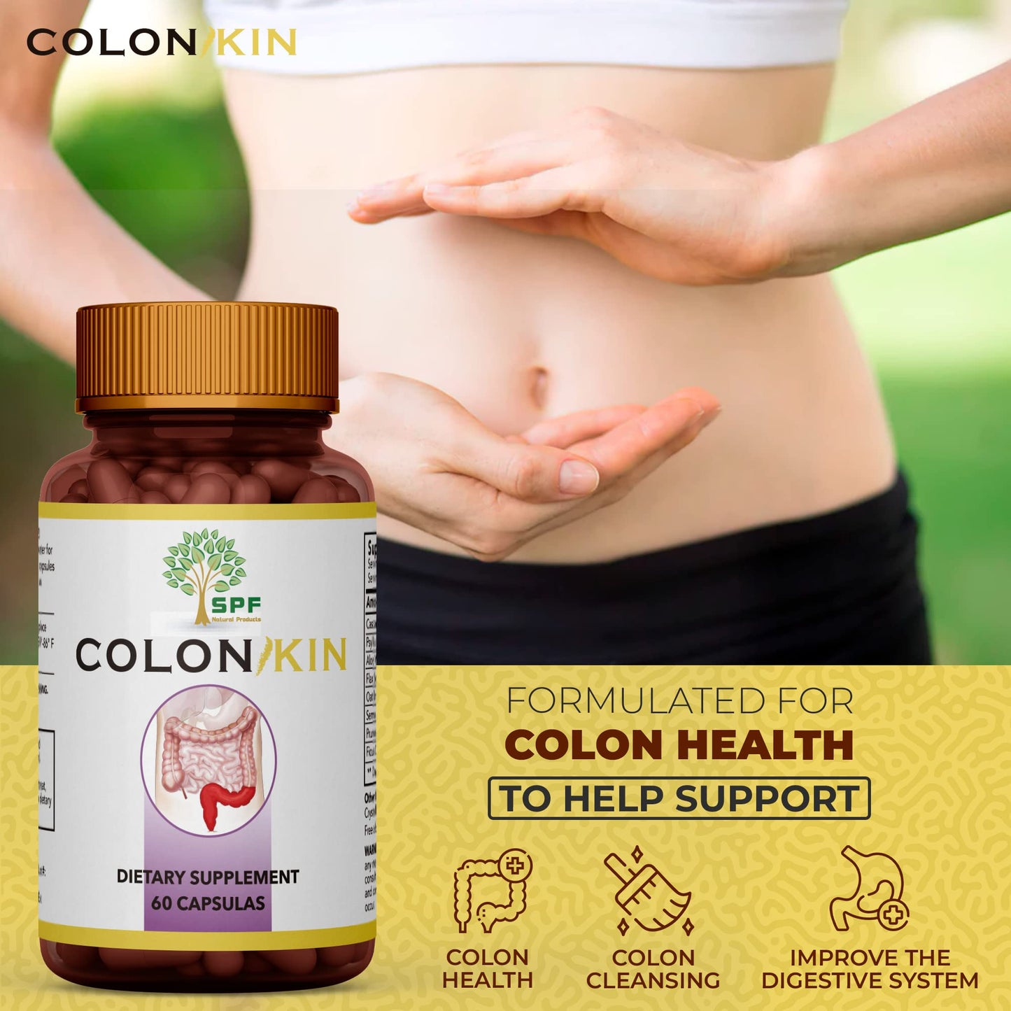 SPF COLONKIN - 30 Day Colon Cleanse, Supports Healthy Bowel Movements, Natural Colon Cleanser and Relief, Ultimate Body Detox (60 Capsules) Natural Products (1)