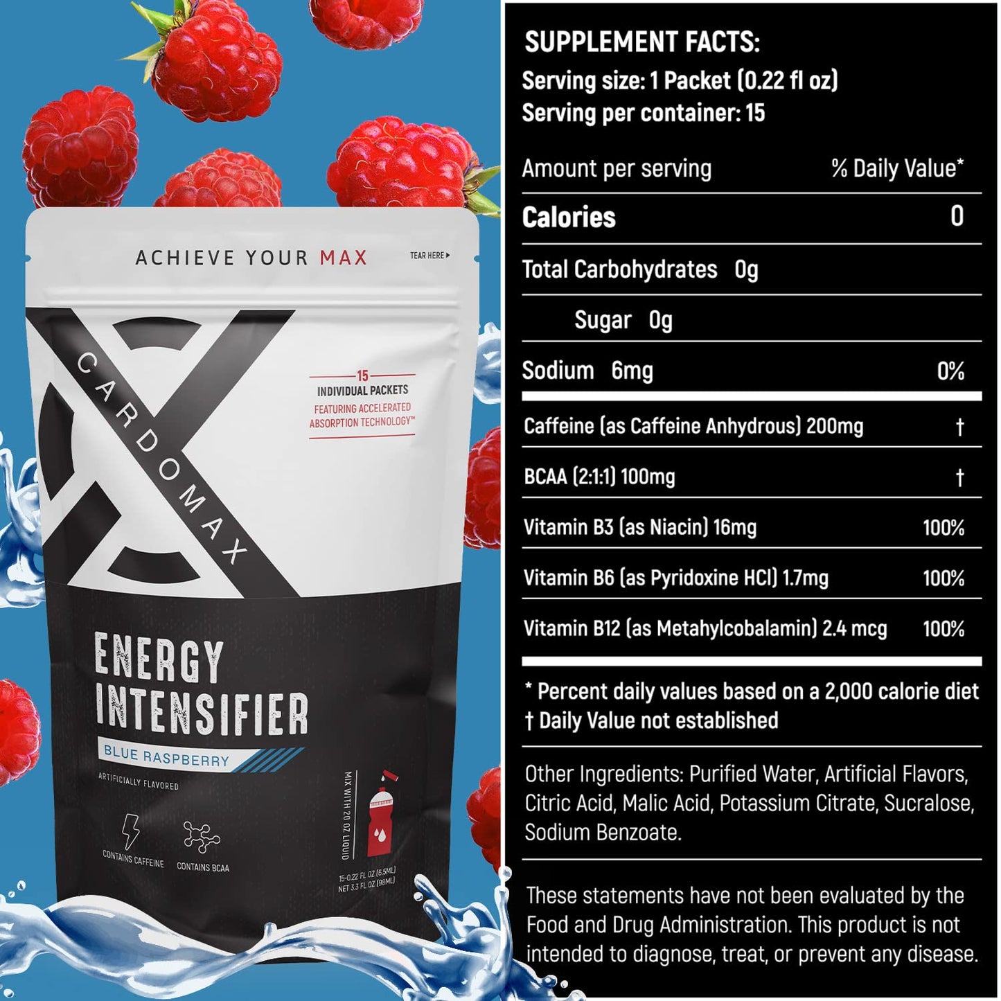 CardoMax Energy Intensifier - Liquid Energy Boosting Water Flavoring with 200mg Caffeine, BCAA, Vitamin B12, B6, B3, Keto-Friendly, Vegan, Sugar-Free, No Calories (Blue Raspberry Flavor)