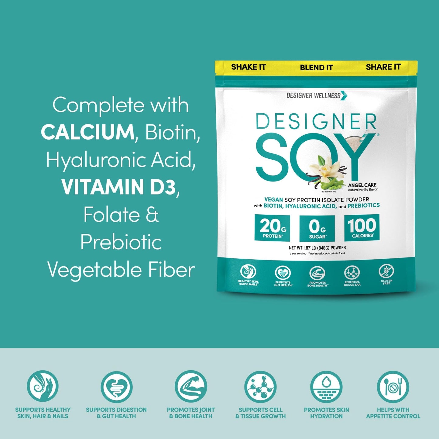 Designer Wellness, Soy Isolate Protein Powder with Biotin, Hyaluronic Acid, and Prebiotics, Vegan, 0 Sugar, Non-GMO, Angel Cake Vanilla, 1.87 lb