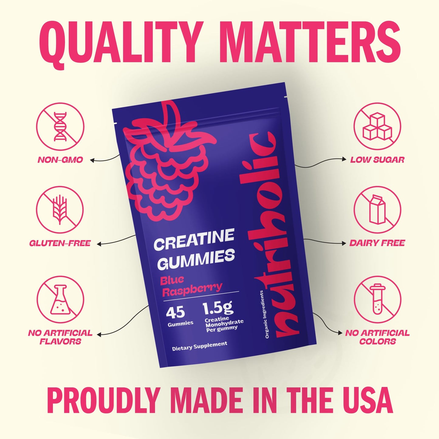 Nutriholic Creatine Monohydrate Gummies for Men and Women - Easy to Digest, Vegan, Gluten-Free, Non-GMO, 1.5g of Creatine per Gummy - 45ct (45 Count, Blue Raspberry)