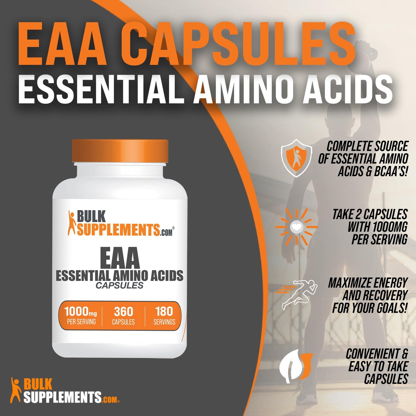 BulkSupplements.com Essential Amino Acids Capsules - EAA Capsules, Essential Amino Acids Supplement, EAAs Amino Acids - EAA Supplements, 2 Capsules per Serving, 180-Day Supply, 360 Capsules
