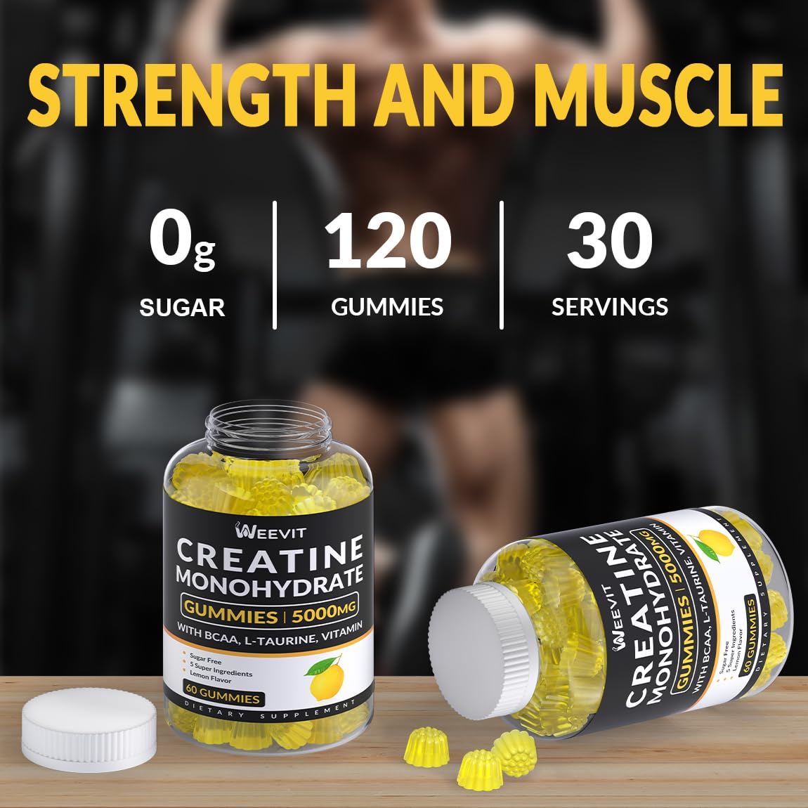 WEEVIT Creatine Monohydrate Gummies for Men, Chewables Creatine Monohydrate for Muscle Strength Energy Boost, Pre-Workout Supplement with BCAA, L-Taurine, B12