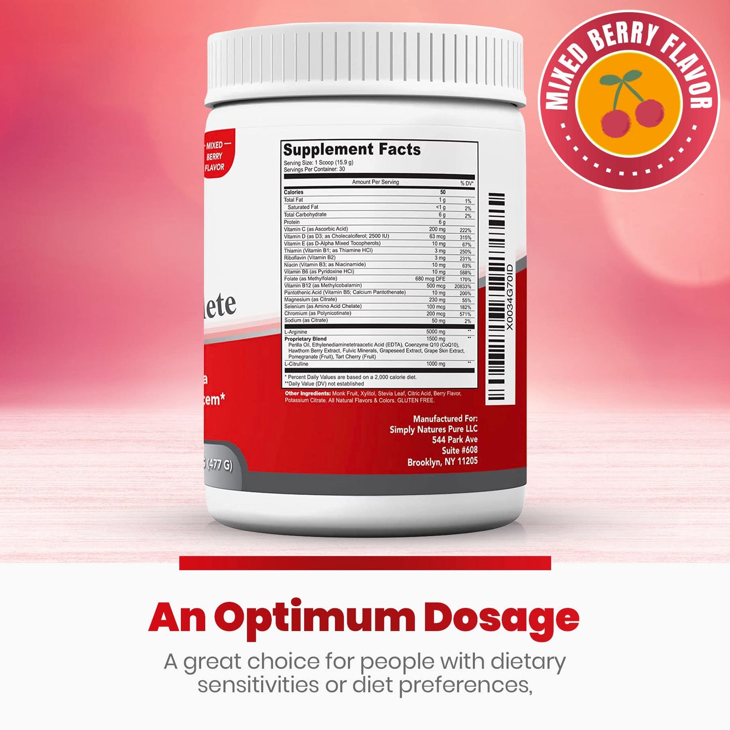 Simply Natures Pure Cardio Complete with 5,000 L-Arginine, 1,000mg L-Citrulline, and Hawthorn Berry - Heart Health & Cardiovascular Support Powder Supplement and 3-in-1 Nitric Oxide Booster
