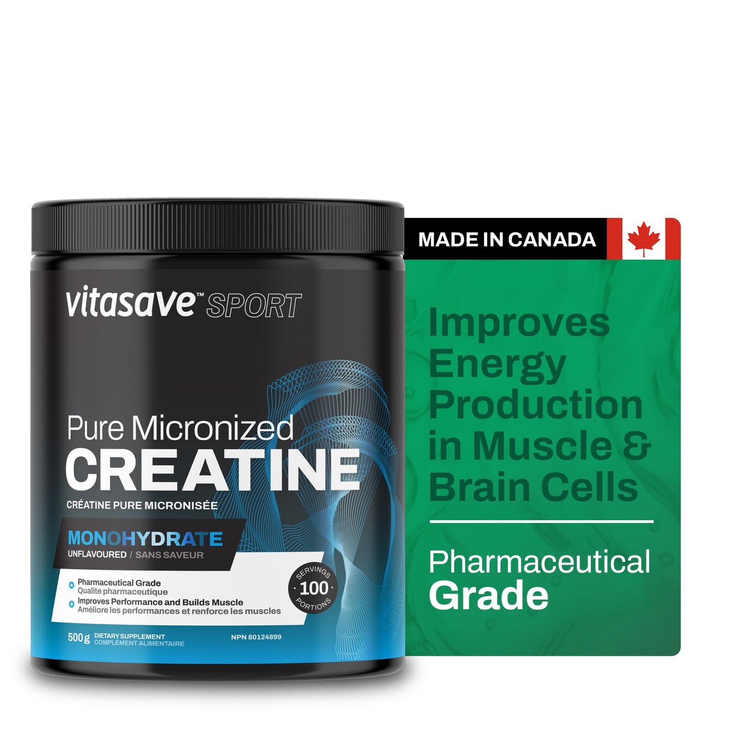Vitasave Micronized Creatine Monohydrate Powder 500g (100 Servings) - Muscle Growth & Performance Creatine Supplement Ultra Fine Fast-Absorbing Formula for Athletes & Bodybuilders - Made in Canada