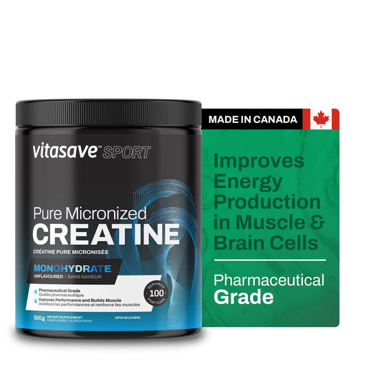 Vitasave Micronized Creatine Monohydrate Powder 500g (100 Servings) - Muscle Growth & Performance Creatine Supplement Ultra Fine Fast-Absorbing Formula for Athletes & Bodybuilders - Made in Canada