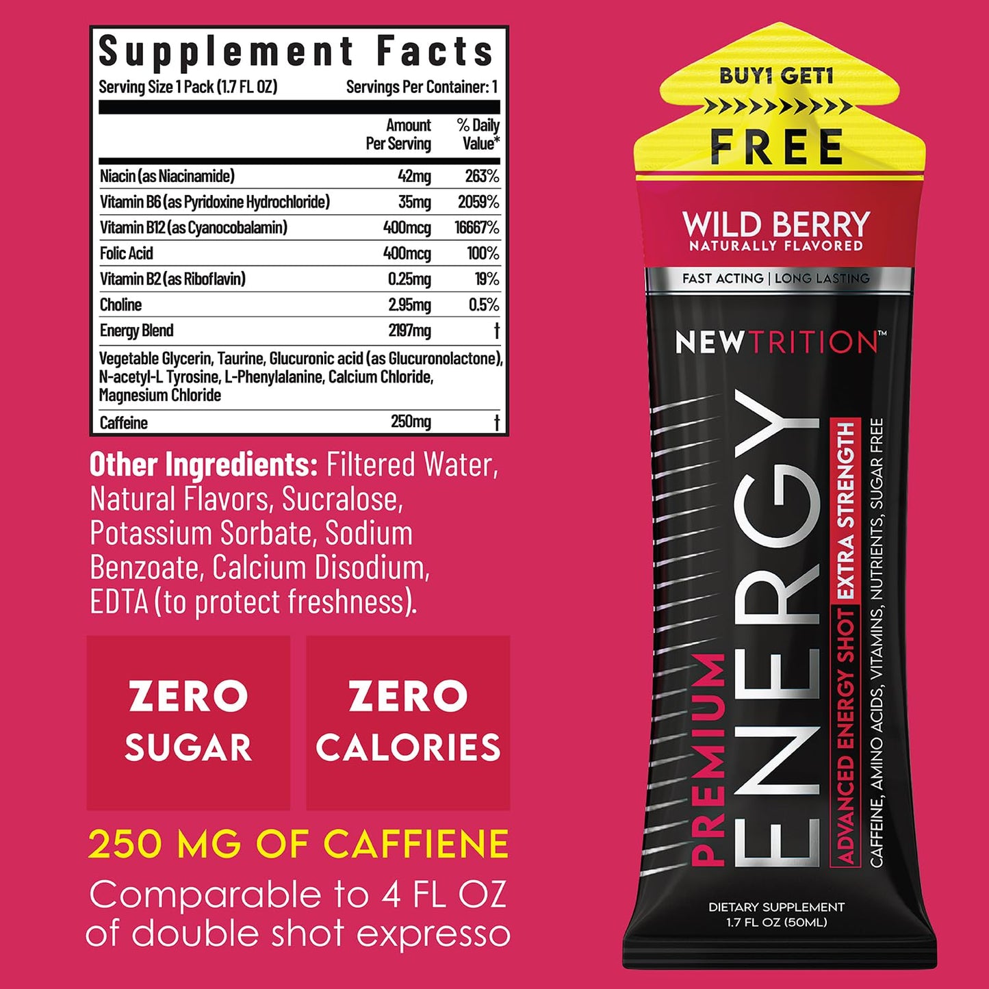 NewTrition Extra Strength Energy Shots, with Caffeine, Vitamin B & Amino Acids, Sugar-Free Vitamin Energy Shot, 1.7 fl oz, Wild Berry, 24 Count