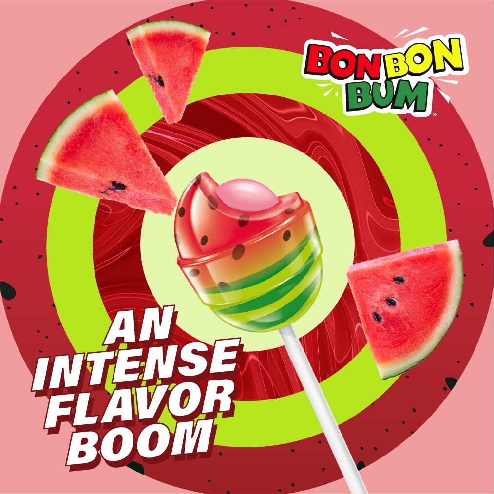 Colombina Bon Bon Bum Lollipops wBubble Gum Center Watermelon Flavor Individually Wrapped Ideal for Party Favors and Gifts 1 Pack 24 Count