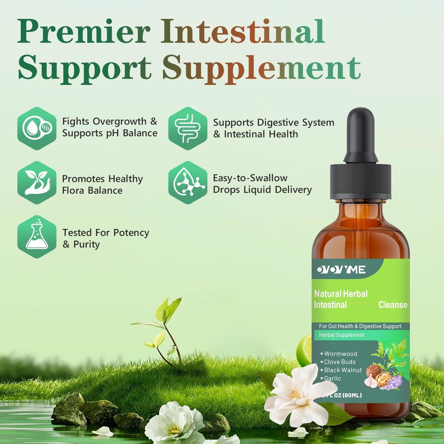 OVOVYME Natural Herbal Intestinal Cleanse, 2 fl oz, Gut Health Support with Wormwood, Black Walnut, Clove, Garlic