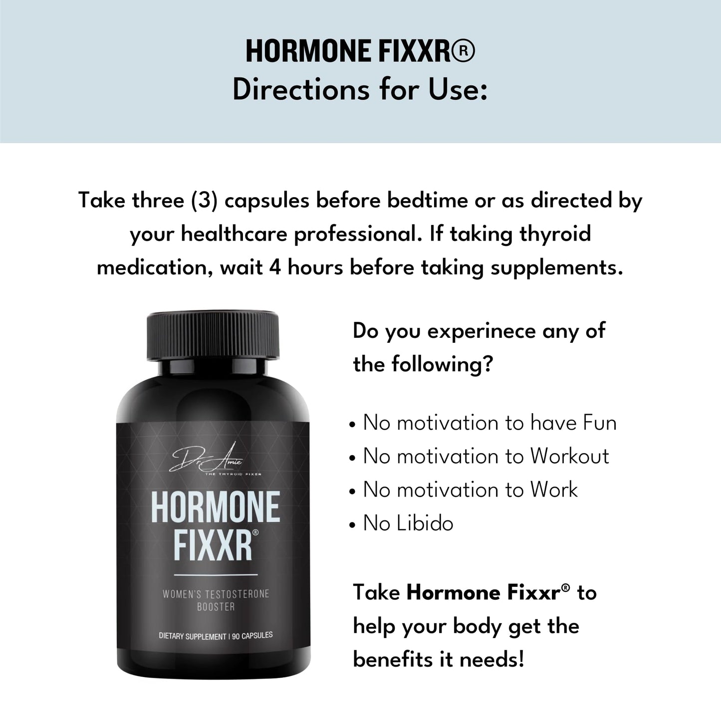Fixxr Hormone Support by Dr. Amie | Women's Testosterone Booster | 30 Day Supply, 90 Capsules