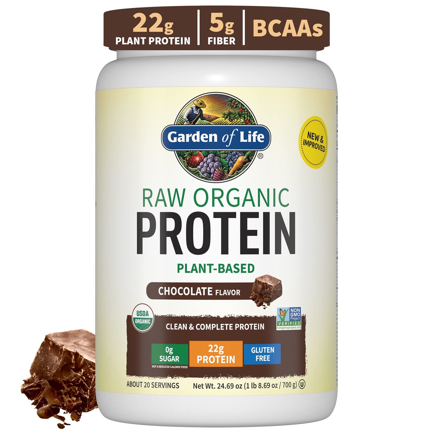 Organic Vegan Chocolate Protein Powder - Garden of Life - 22g Complete Plant Based Raw Protein & BCAAs Plus Probiotics & Digestive Enzymes for Easy Digestion, Non-GMO Gluten-Free, Lactose Free 1.5 LB