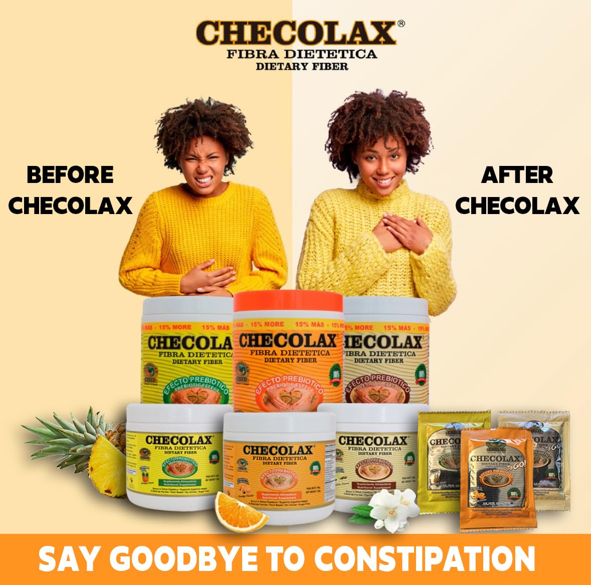 CHECOLAX: Our Dietary Fiber Alleviates Constipation Naturally, Supports Regularity, Bloating Relief & Gut Health, Sugar Free, Non-GMO, Plant-Based - Essential Fiber Boost, Pineapple (10.5 oz)