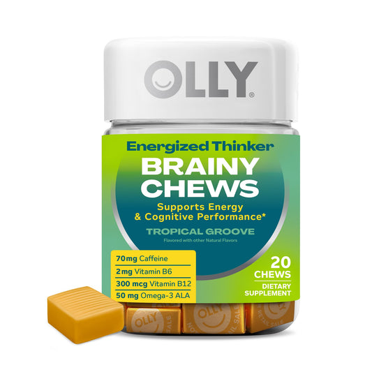 OLLY Energized Thinker Brainy Chews, 70mg of Caffeine, Vitamin B12 & Omega-3, Energy Supplement, Tropical Flavored, Vegetarian, 20 Count