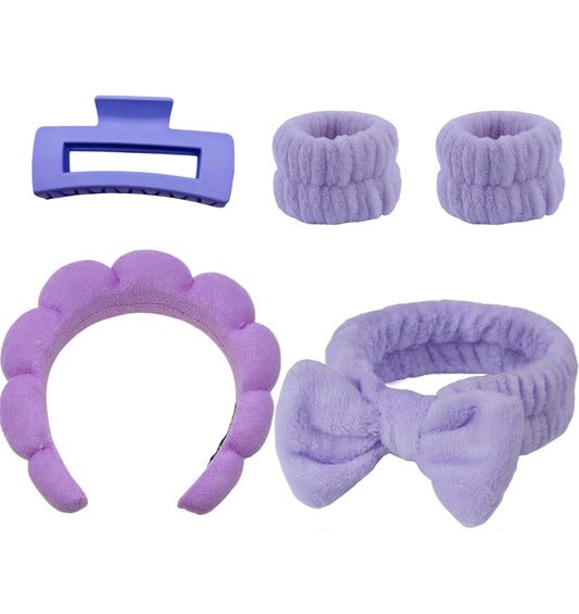 5 Pc Spa Set, Facial Spa Headbands and Wristband Set for Makeup, Skincare, Face Washing 2 Headbands, 2 Wrist Bands and 1 Hair Clip (Purple, One Size)