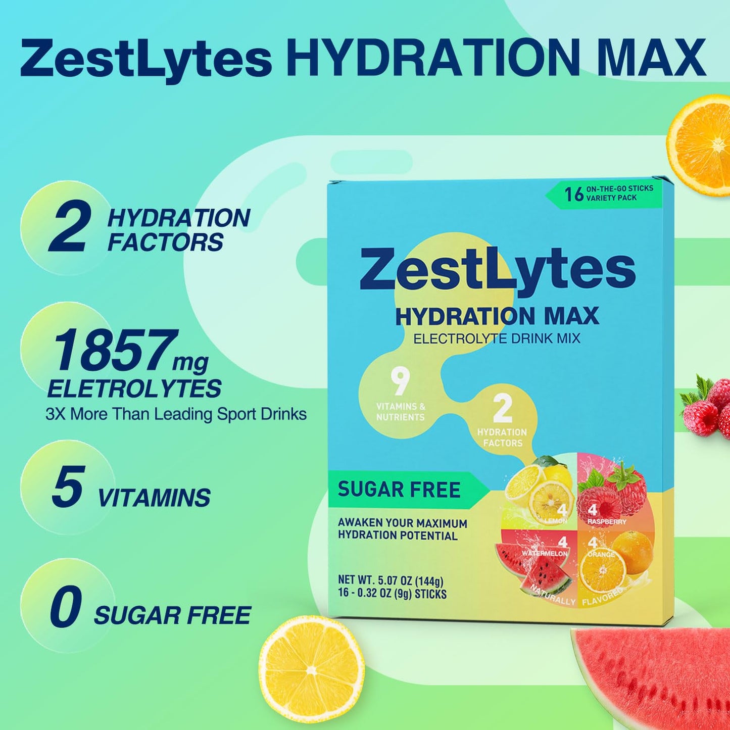 Salty Fruit Flavor Hydration Powder Packets, Electrolyte Powder Drink Mix, Liquid Everyday IV Drink Mix for Rehydration Max | Sugar Free | 9 Vitamins & Nutrients | 2 Hydration Factors | 16 Sticks