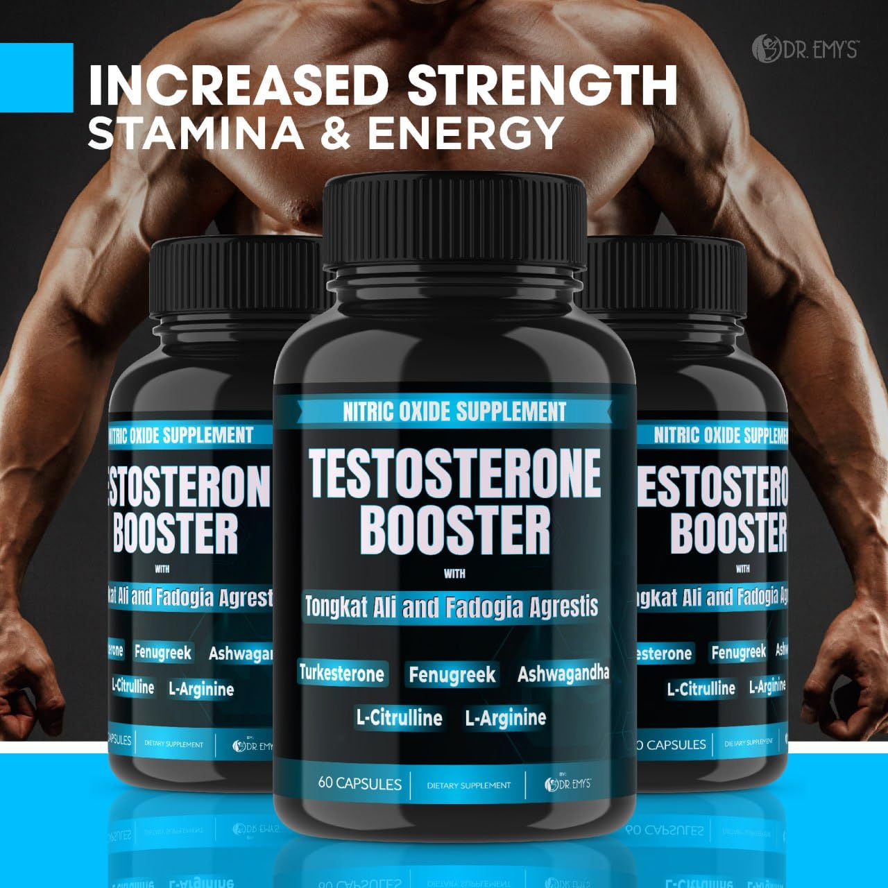 Dr. Emy's (1 Pack Testosterone Booster-Tongkat Ali Fadogia Agrestis Nitric Oxide Ashwagandha Supplement for Men with L Arginine Citrulline Fenugreek - Turkesterone Pre Workout Pump (60 Capsules)