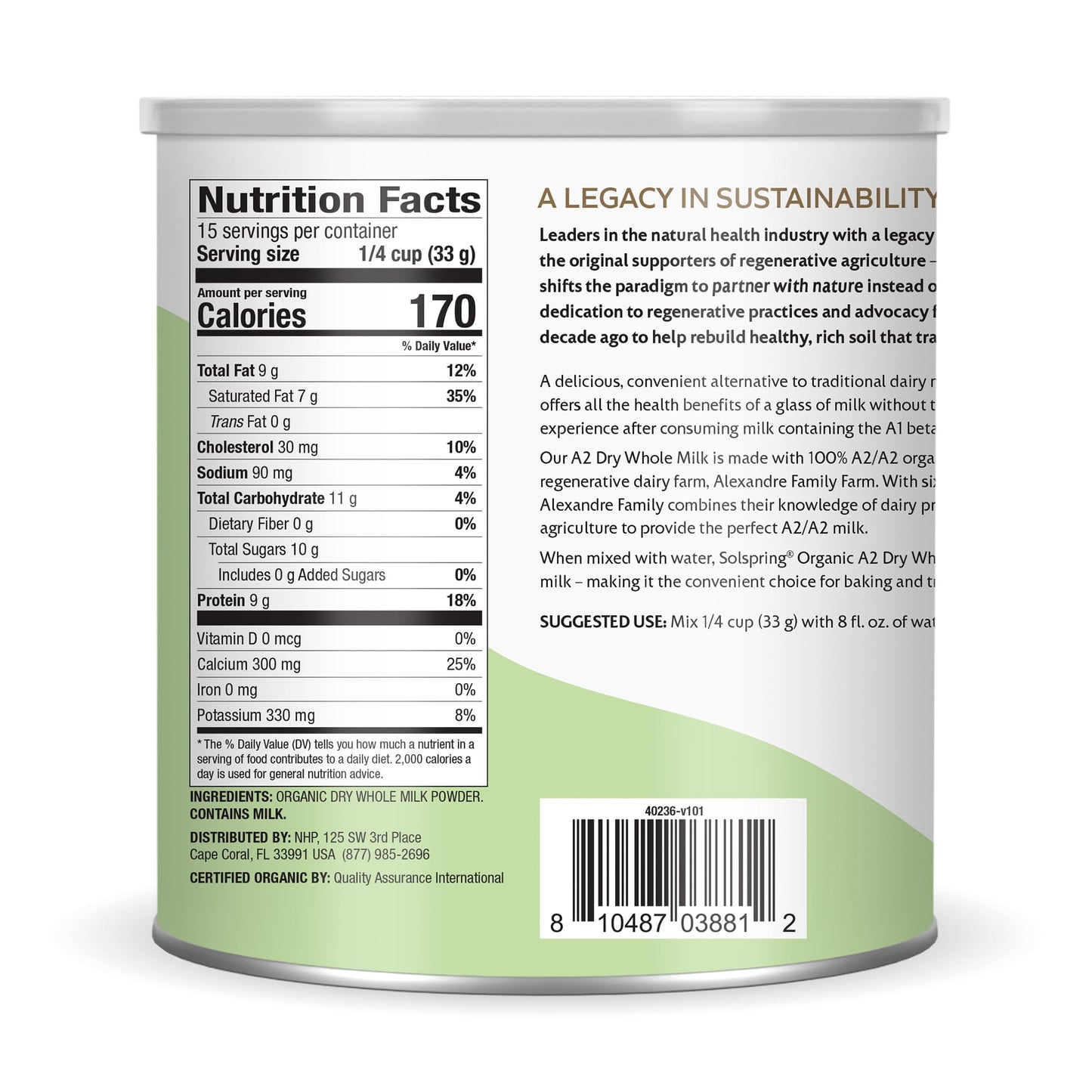 Solspring Organic A2 Dry Whole Milk 15 Servings 174 Oz 495 g Contains 26 Milk Fat Gluten Free Soy Free Certified USDA Organic Dr Mercola