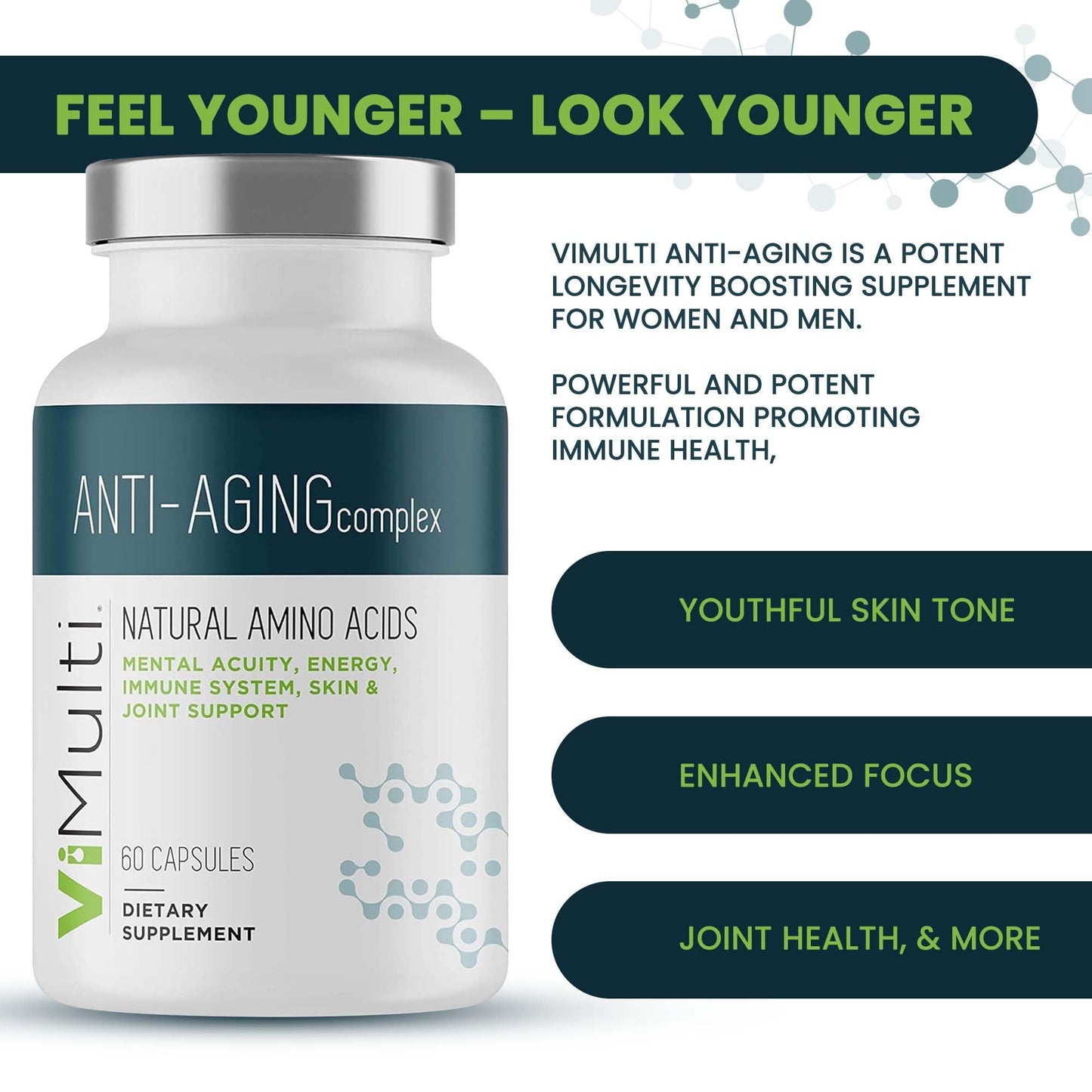 vimulti Anti-Aging Natural Amino Acid Supplement for Longevity- Supports Immune Health, Energy, Mental Focus, Smoother Skin Tone & Restorative Sleep. 60 ct (2 Pack)