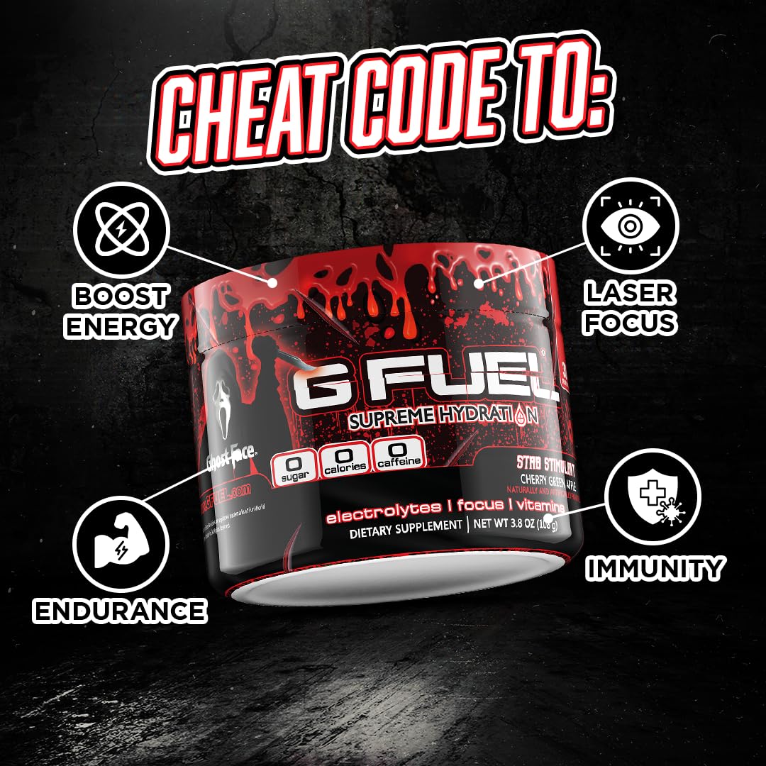 G Fuel Electrolyte Powder, Cherry Green Apple, Stab Stimulant, Zero Sugar and Caffeine-Free Hydration Mix with Electrolytes and Vitamins, 3.8 oz (Ghost Face, 30 Servings)