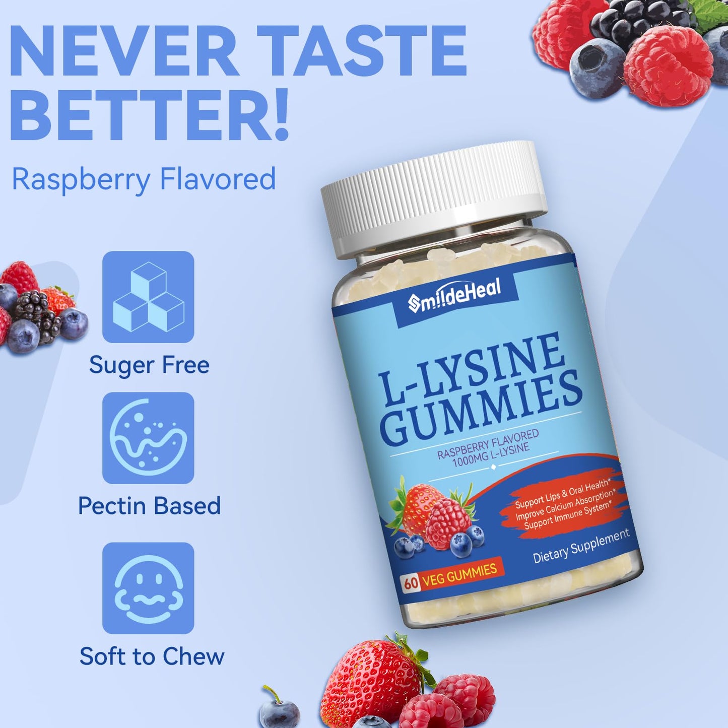 2 Pack L-Lysine 1000mg Gummies, Chewable Lysine Supplement for Adults, Immune Support, Collagen Formation Support, Non-GMO, Vegan, Gluten Free - 120 Counts