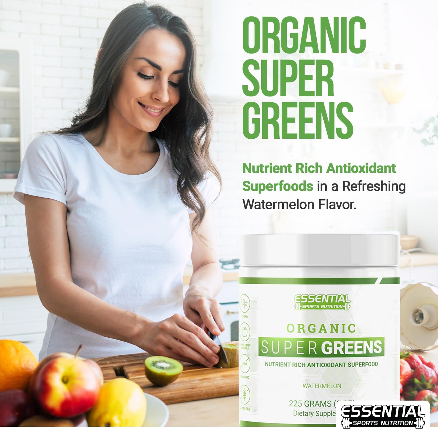 Essential Sports Nutrition Organic Super Greens Powder - Nutrient-Dense Blend for Energy, Detox & Immune Support, USDA Organic, Non-GMO, Vegan-Friendly