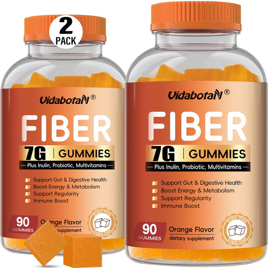 Sugar Free Prebiotic Fiber Gummies for Adult-7G Fiber-Fiber Supplement with Inulin, Probiotic, Vitamins for Digestive & Gut Health and Regularity Support, Orange Flavor, 180 Gummies(Pack of 2)