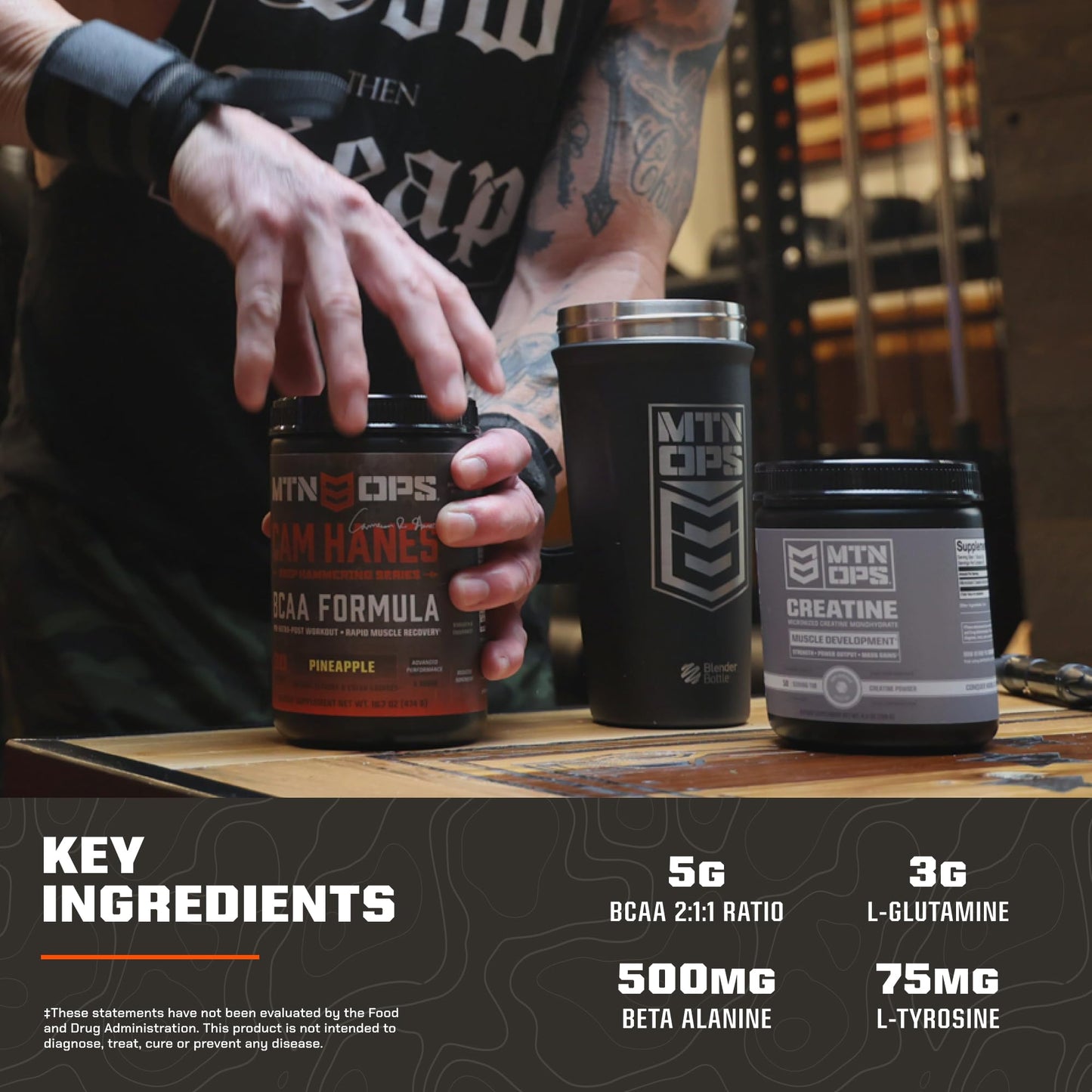 MTN OPS BCAA Powder, 2:1:1 Amino Acids Supplement Powder for Rapid Muscle Recovery & Repair with Zero Sugar & Gluten Free - 30-Serving Tub Tropical Punch Flavor, Cameron Hanes Keep Hammering Series