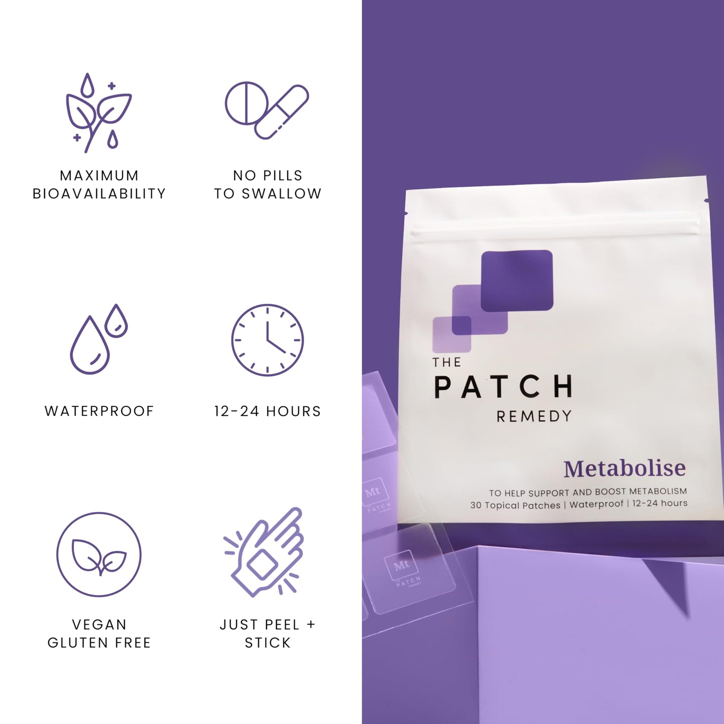 The Patch Remedy Metabolise Patches | 30 Topical Patches | Waterproof | Ingredients Including 5HTP, Guarana Extract, L- carnitine and Lecithin | Lasts 12-24 Hours