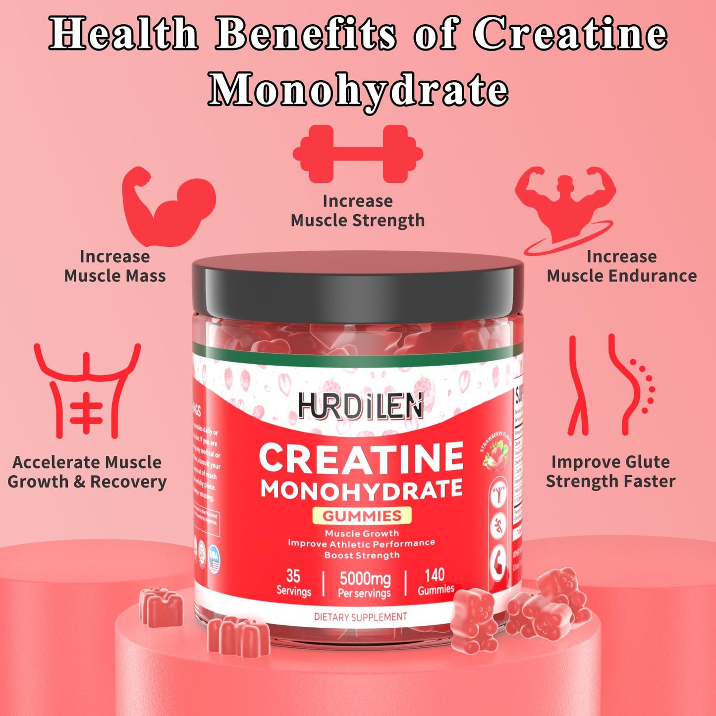 140 Count Creatine Monohydrate Gummies, 5000mg Creatine Monohydrate No Sugar Gummies for Women & Men with L-Taurine, Vitamin B12 for Muscle Strength, Muscle Recovery, Glute Builder, Energy Boost