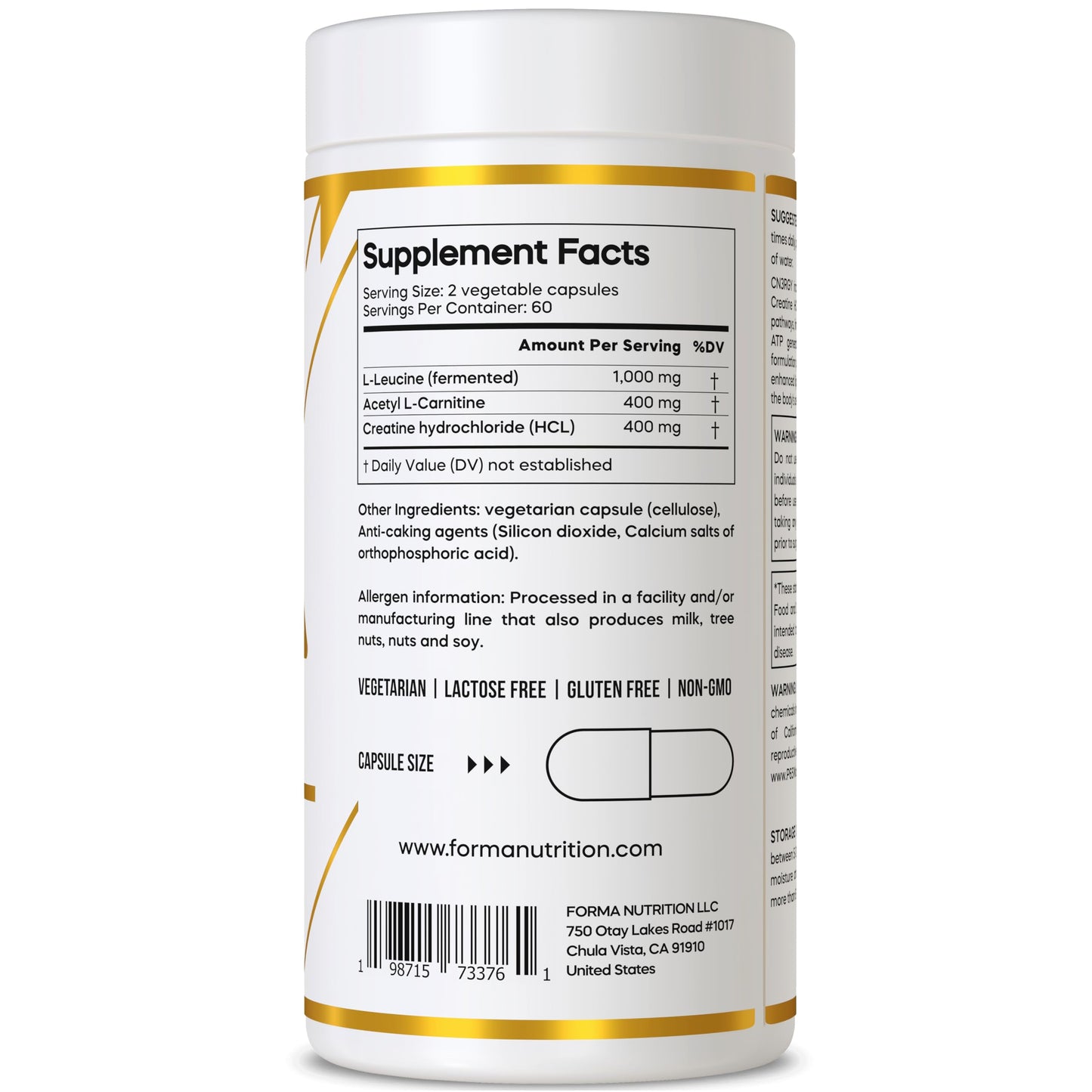 Forma Nutrition Advanced CN3RGY - 120 Capsules, 1000mg L-Leucine, 400mg L-Carnitine, 400mg Creatine HCl per Serving.