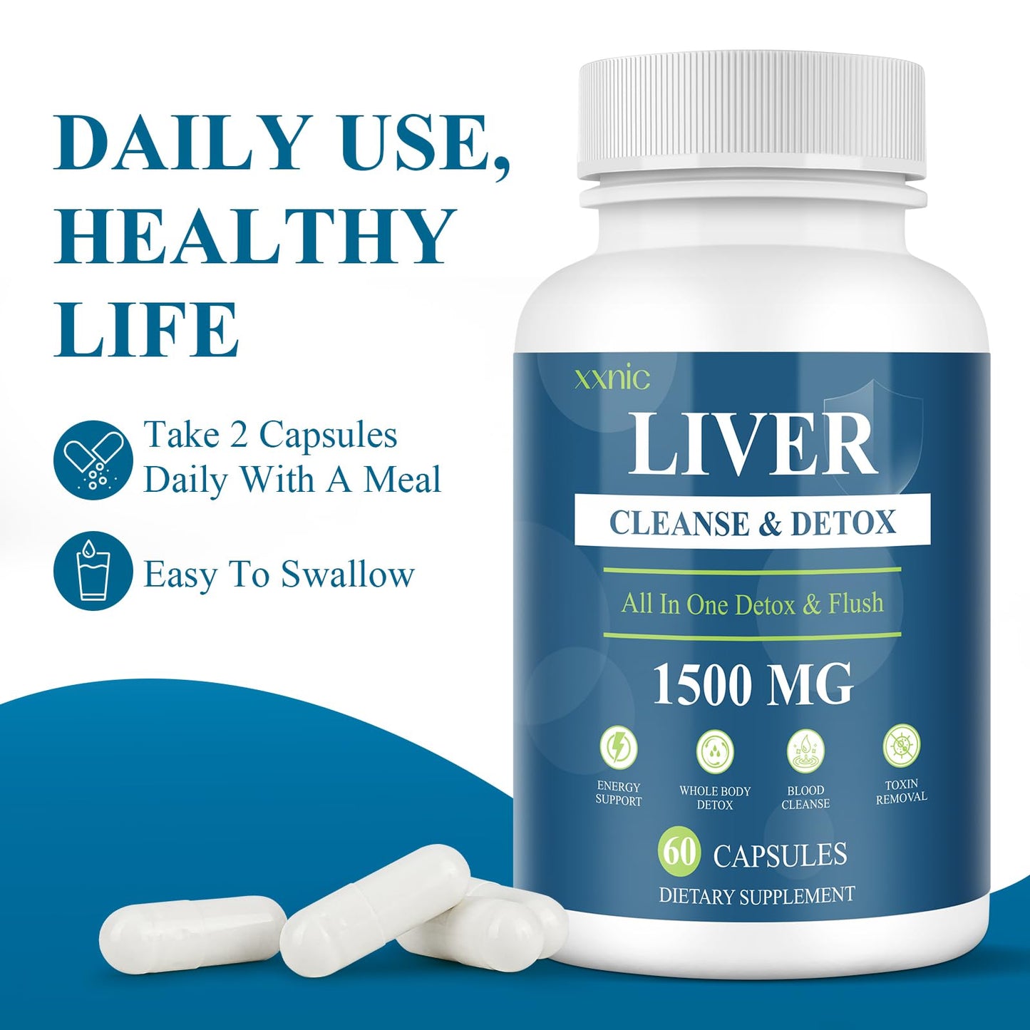 xxnic 120 Capsules (60Caps * 2) Liver Cleanse and Detox & Repair, 1500 MG Liver Detox Cleanse Supplement, Natural Herbal Formula for Liver Health, Fast Toxins Removal