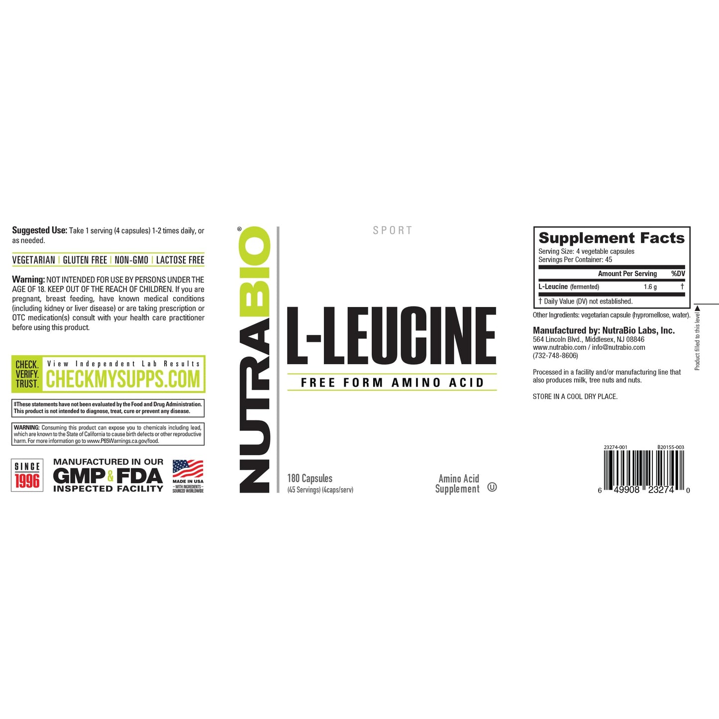 NutraBio 100% Pure L-Leucine - Muscle Recovery and Support - Naturally Fermented Free Form Amino Acid - Vegan, Non-GMO, Gluten Free - 400mg, 180 Capsules