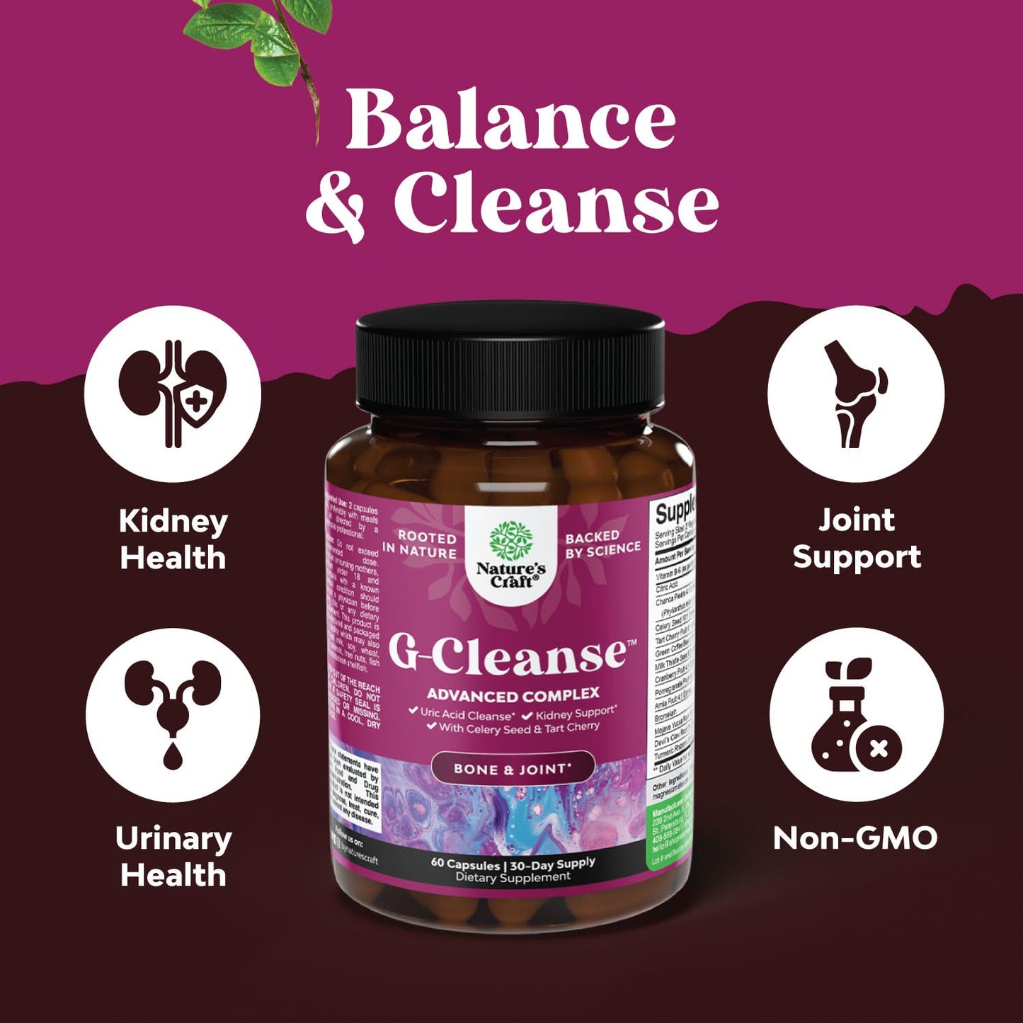 GCleanse Uric Acid Support Supplement - Uric Acid Cleanse Joint Support Supplement with Chanca Piedra Tart Cherry Celery Seed Extract and Bromelain - Herbal Liver and Kidney Cleanse Detox