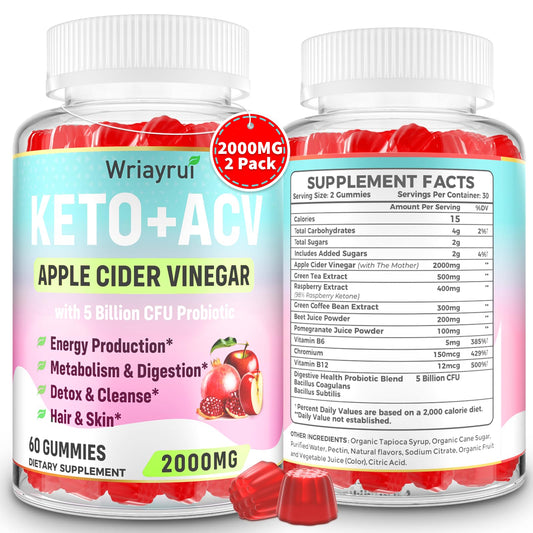 Wriayrui Keto ACV Gummies with Probiotics & Vitamin B12, 2000mg Apple Cider Vinegar Gummies with Mother, for Metabolism, Digestion, Detox & Cleanse, Sugar Free, Vegan-Friendly, 120 Gummies