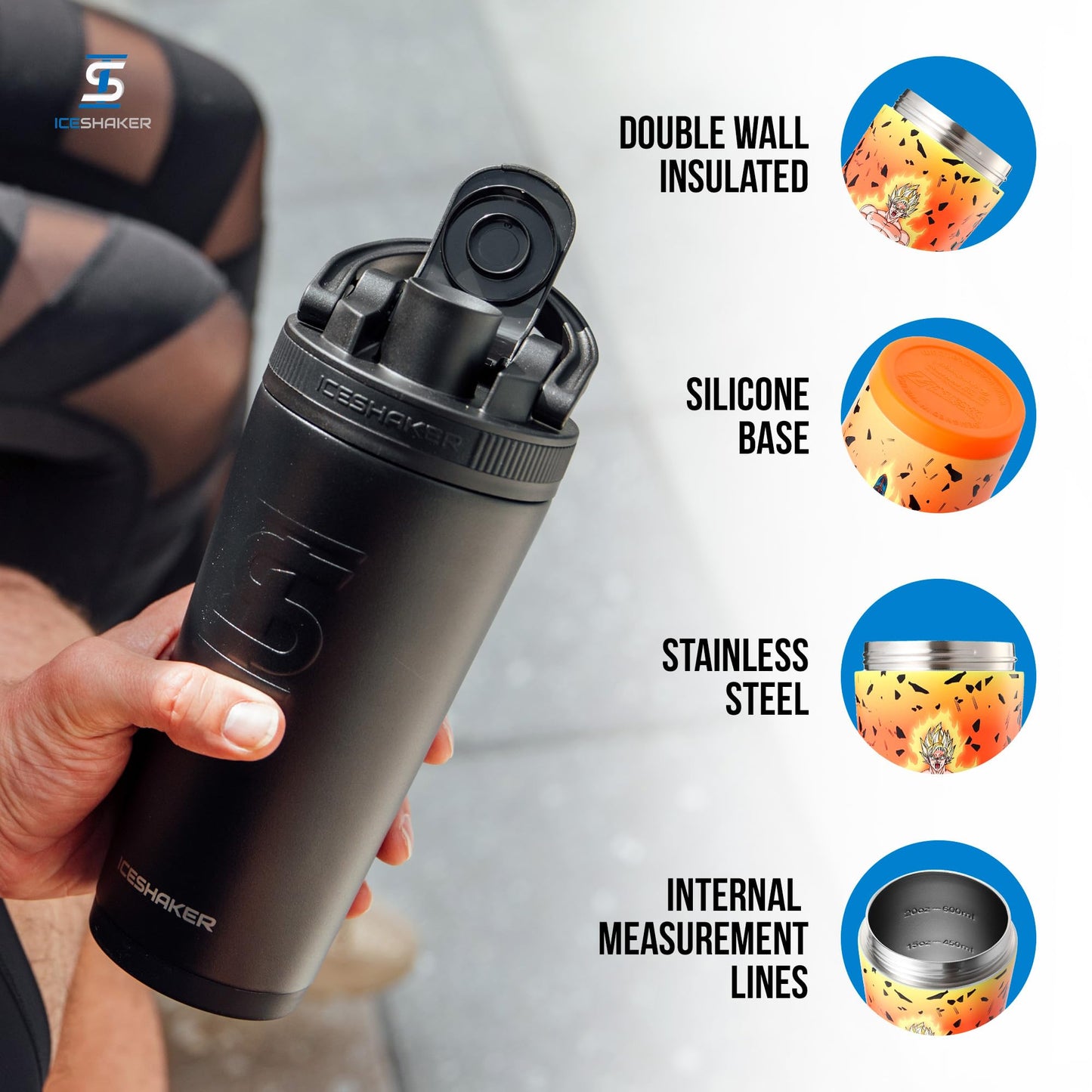 Ice Shaker Dragon Ball Z Stainless Steel Shaker Bottle | 26oz , Goku | Cold for 30+ Hours | Insulated Cup with Twist-on Agitator | Odor-Free Bottle for Protein Shakes, Water, Smoothies, Cocktails