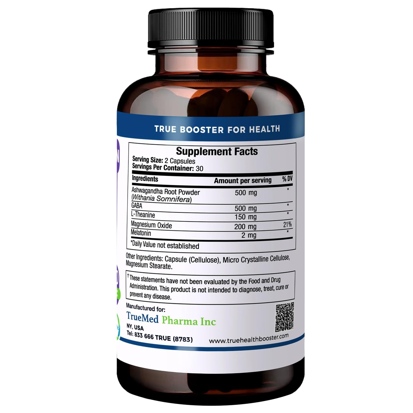 TrueMed Calmer Mind Nootropic Ashwagandha, GABA, L-Theanine, Magnesium & Melatonin - Supports Focus, Productivity, Creativity & Cognitive Function - Calmness & Mood Support - 60 Vegetable Capsules
