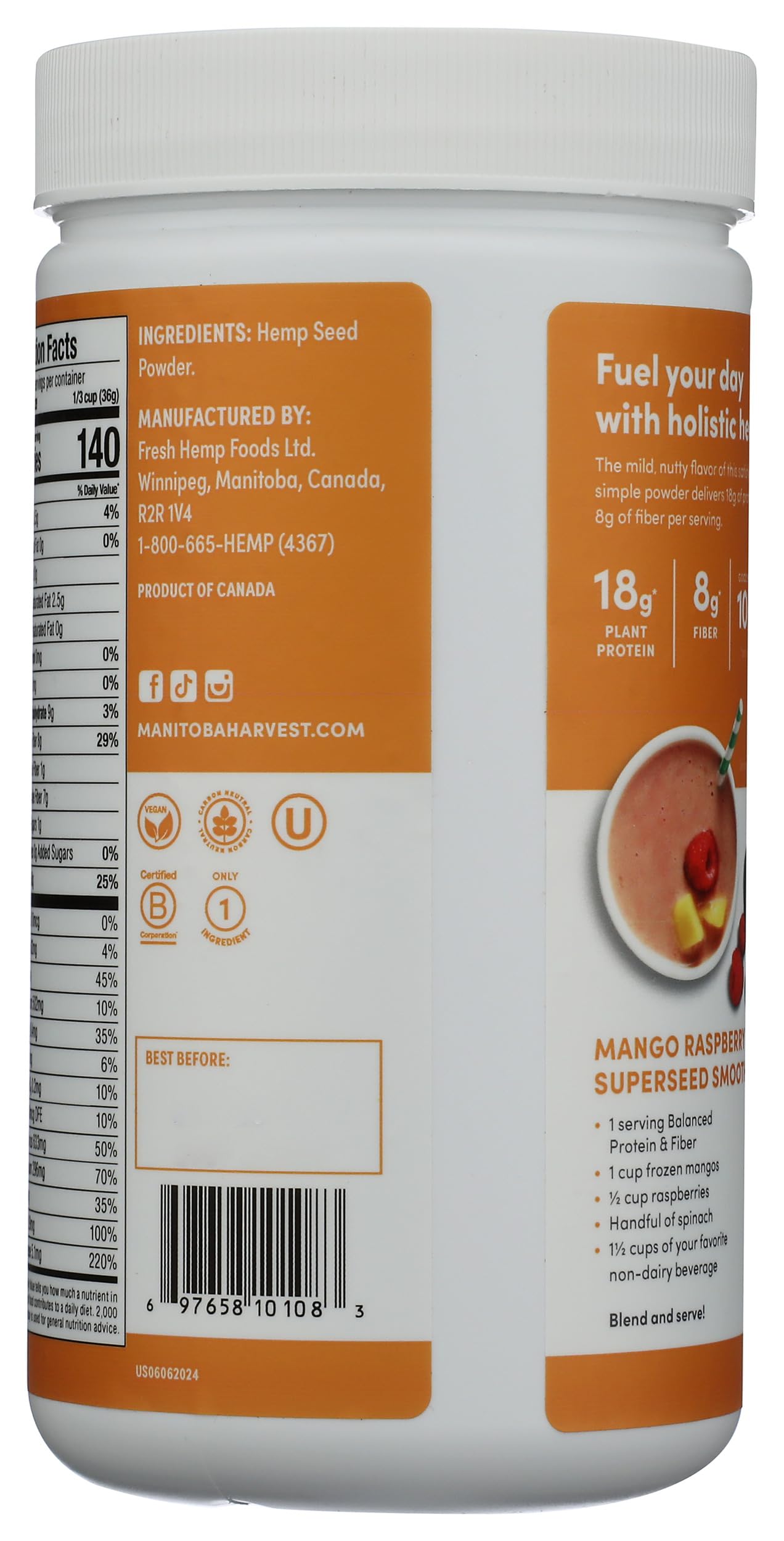 Manitoba Harvest Hemp Yeah Balanced Protein and Fiber Powder, Unsweetened, 16oz, with 15g protein, 8g Fiber and 2g Omegas 3&6 per Serving, Keto-Friendly, Preservative Free, Non-GMO, Packaging May Vary