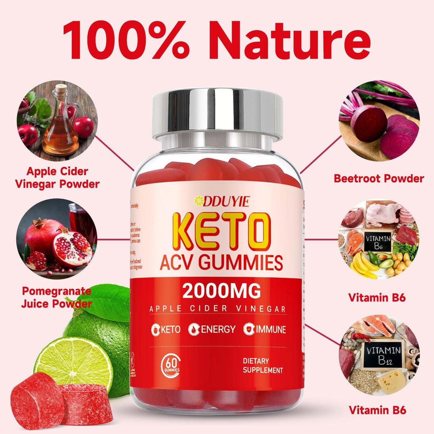 DDUYIE Keto Acv Gummies - Apple Cider Vinegar Gummies Diet Supplement for Men Women - with Pomegranate Beet Juice Powder - 60 Vegan