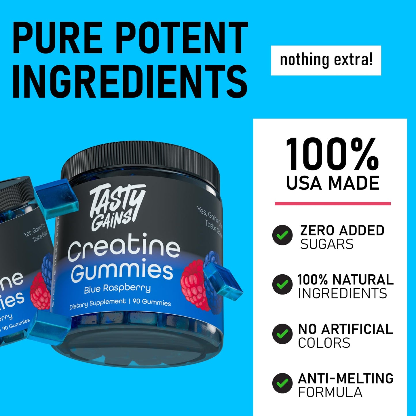 TASTY GAINS Creatine Infused Gummies, 90g of Creatine, Non-GMO, Vegan - Build Muscle & Boost Strength for Men & Women (1g Creatine Monohydrate Per Gummy) Made in USA