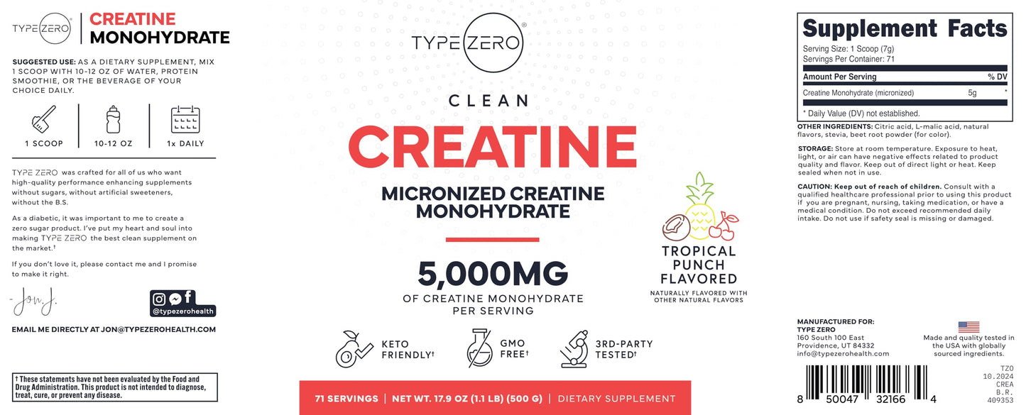 Type Zero Creatine Monohydrate Powder 500 Grams, Tropical Punch Flavored - Gluten-Free